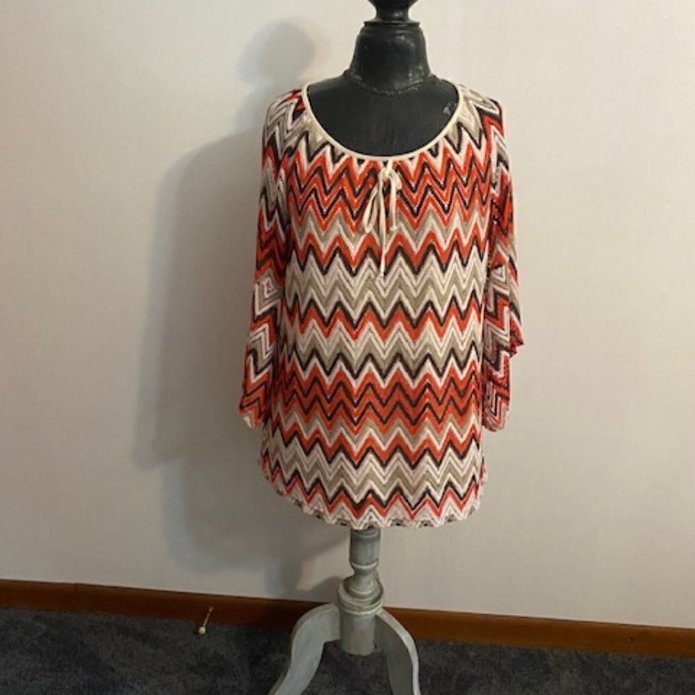 Tacera Brown/Orange/Cream zig-zag pattern Crochet tunic, size XL